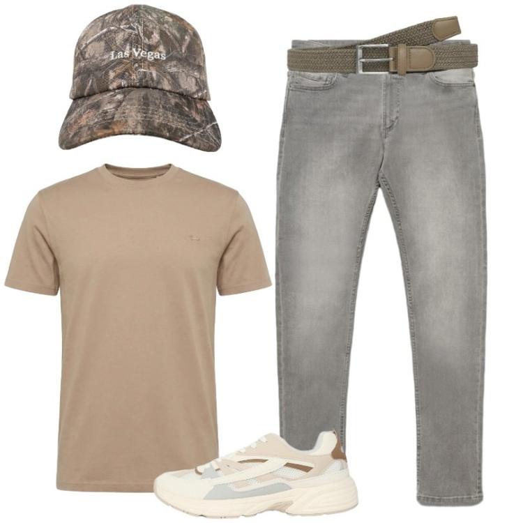 Outfit uomo - Total look #2459978. Stile Casual per Tutti i giorni. Abbinamento con t-shirt, cinture, sneakers, cappelli con visiera, jeans skinny.
