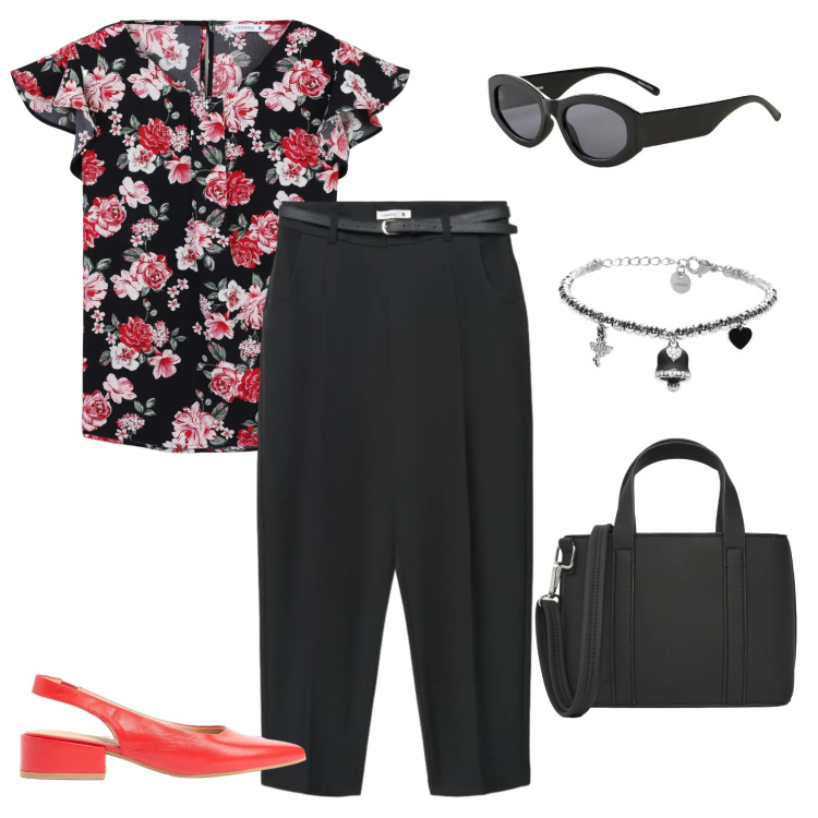 Outfit donna - In ufficio. Stile Casual chic per Ufficio. Abbinamento con décolleté, occhiali da sole, bluse, borse a tracolla, pantaloni chino, braccialetti.