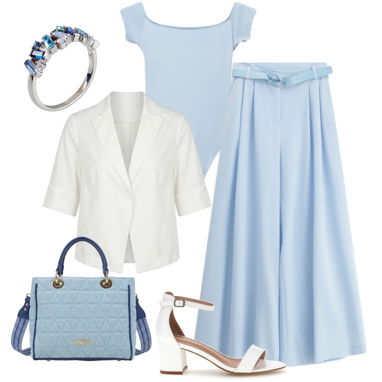 Outfit donna - Equilibrio cielo e bianco. Stile Glamour per Serata fuori. Abbinamento con anelli, canottiere, pantaloni a palazzo, blazer, sandali col tacco, borse a tracolla.