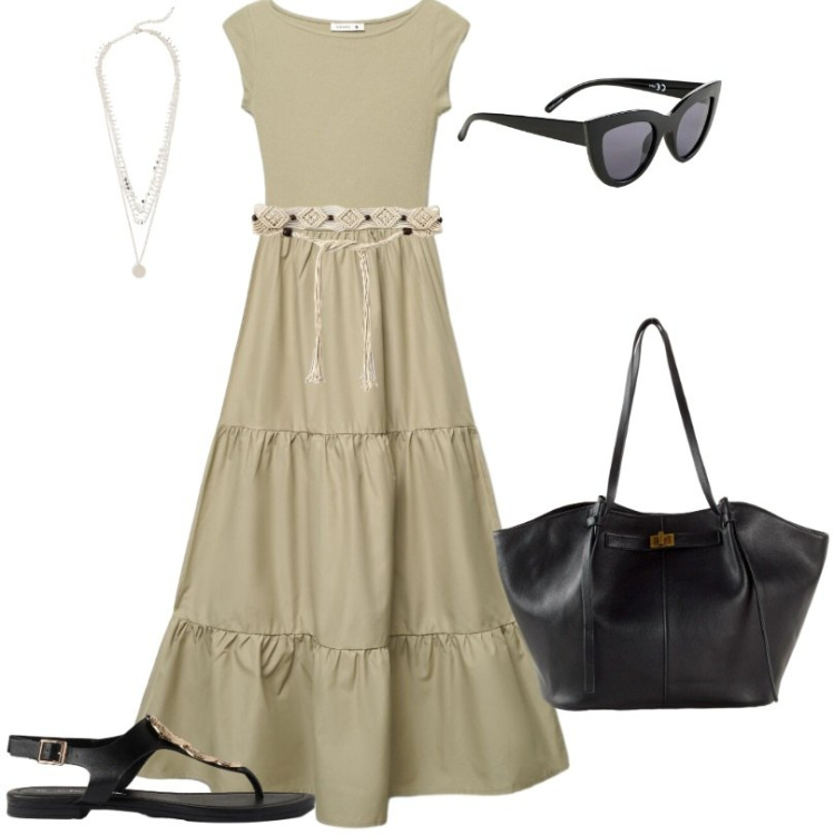 Outfit donna - Elegante borsa shopper. Stile Casual per Tutti i giorni. Abbinamento con shopping bag, occhiali da sole, collane, sandali, vestiti lunghi, cinture.