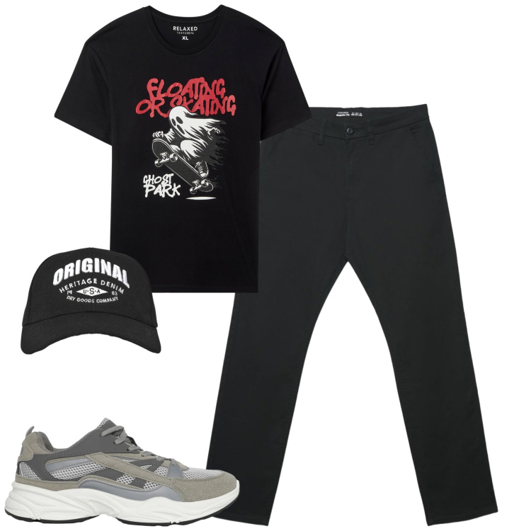 Outfit uomo - City. Stile Casual per Tutti i giorni. Abbinamento con sneakers, t-shirt, cappelli con visiera, pantaloni chino.