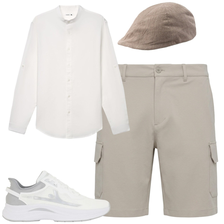 Outfit uomo - Agosto. Stile Casual per Tutti i giorni. Abbinamento con camicie, pantaloni corti, cappelli e berretti, sneakers.