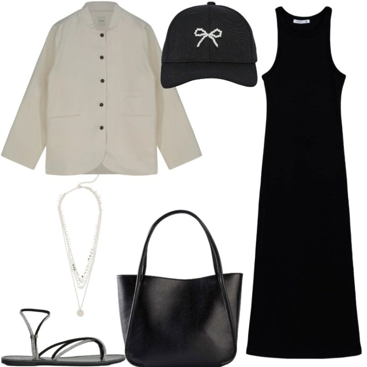 Outfit donna - Vestito aderente. Stile Basic per Tutti i giorni. Abbinamento con shopping bag, collane, cappelli con visiera, sandali, vestiti lunghi, giacche.