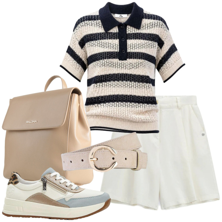 Outfit donna - Turismo in città. Stile Casual chic per Tutti i giorni. Abbinamento con zaini, cinture, sneakers, polo, bermuda.