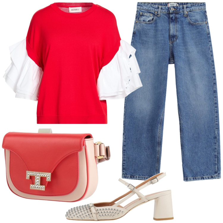 Outfit donna - Rientro alla base. Stile Trendy per Ufficio. Abbinamento con pullovers, marsupi, décolleté, jeans dritti.