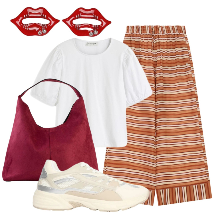 Outfit donna - La spilletta originale. Stile Casual per Tutti i giorni. Abbinamento con borse a spalla, t-shirt, sneakers, blazer, pantaloni a palazzo.