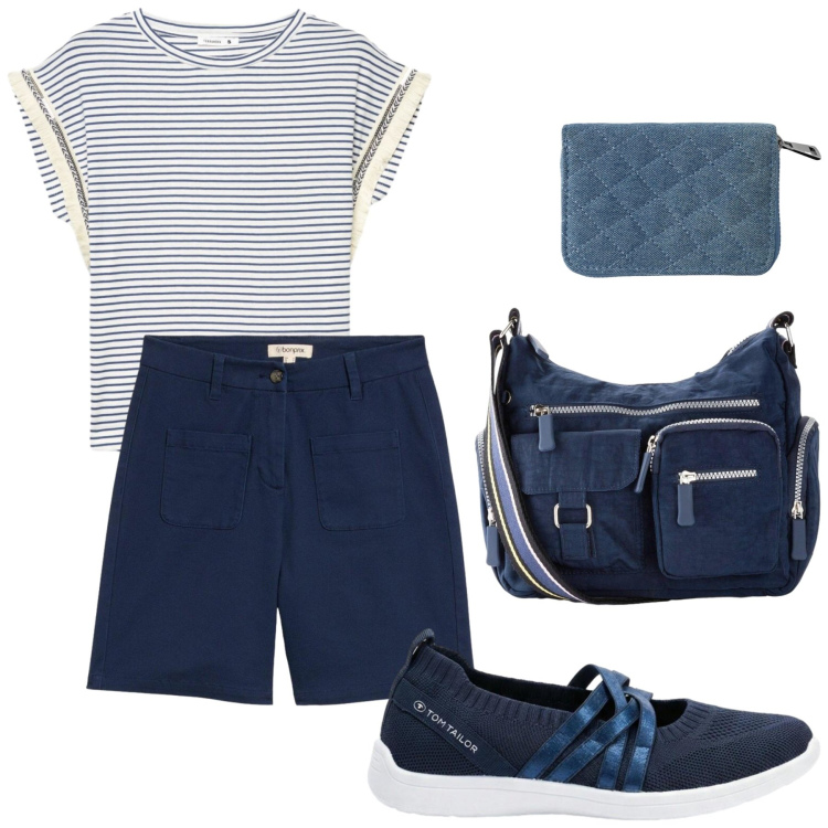 Outfit donna - Look sportivo in città. Stile Basic per Tutti i giorni. Abbinamento con sneakers, bermuda, borse a tracolla, portafogli, t-shirt.