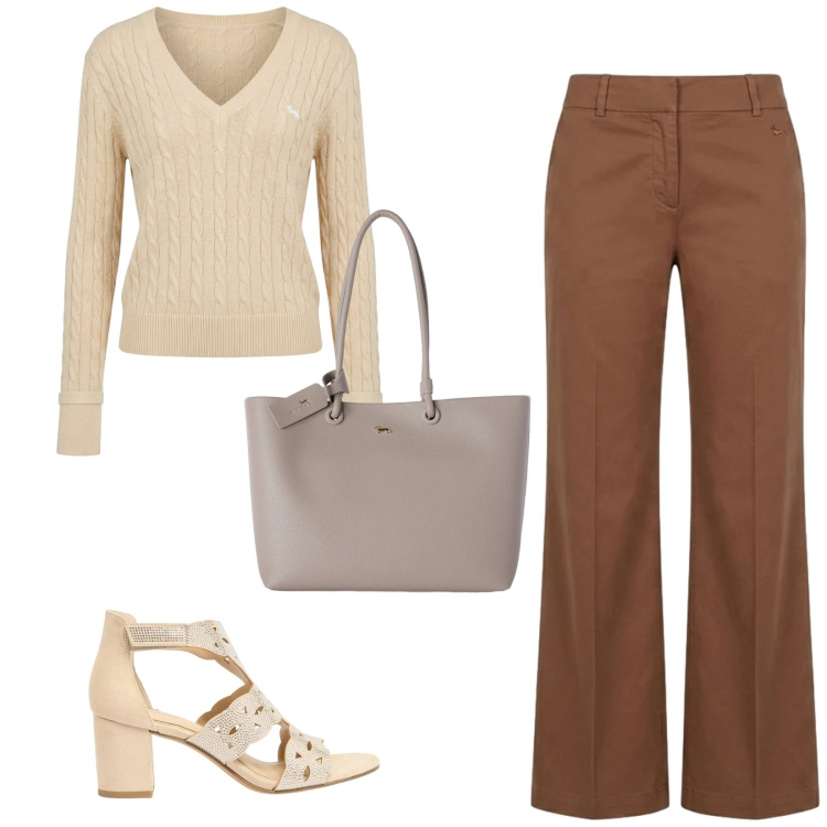 Outfit donna - Total look #2460007. Stile Casual chic per Tutti i giorni. Abbinamento con sandali col tacco, pantaloni, pullovers, shopping bag.