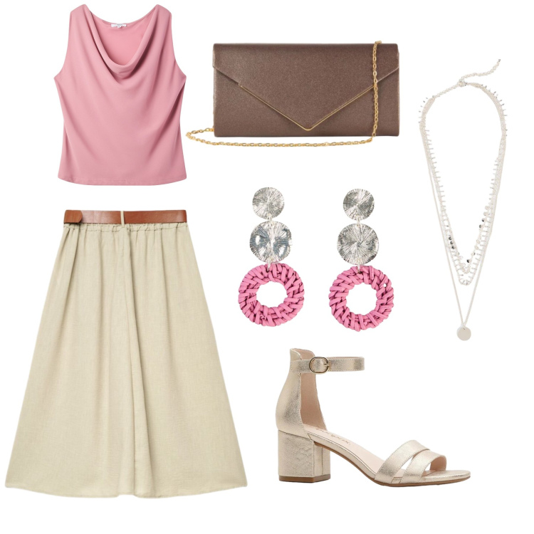 Outfit donna - Usciamo?. Stile Casual chic per Serata fuori. Abbinamento con sandali col tacco, orecchini, collane, canottiere, gonne lunghe, clutch.