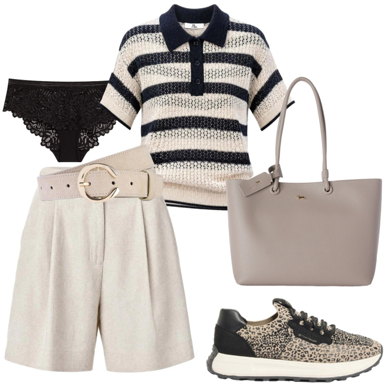 Outfit donna - In centro. Stile Sporty chic per Tutti i giorni. Abbinamento con culotte, sneakers, cinture, shopping bag, shorts, polo.
