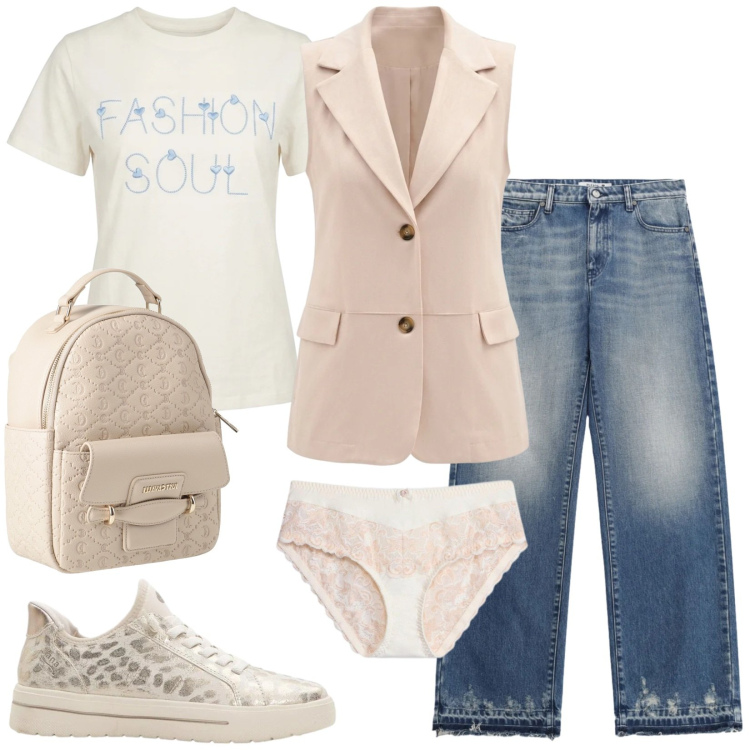Outfit donna - Look stratificati e ricercati. Stile Sporty chic per Scuola/Università. Abbinamento con zaini, sneakers, culotte, gilet, jeans, t-shirt.