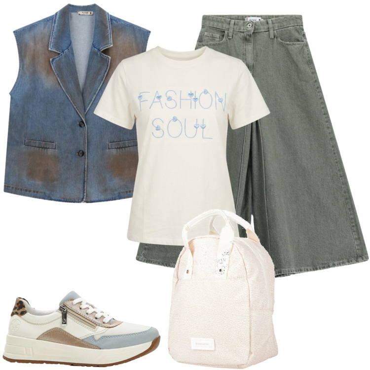 Outfit donna - Total look #2460022. Stile Urban per Scuola/Università. Abbinamento con zaini, sneakers, pantaloni, gilet, t-shirt.