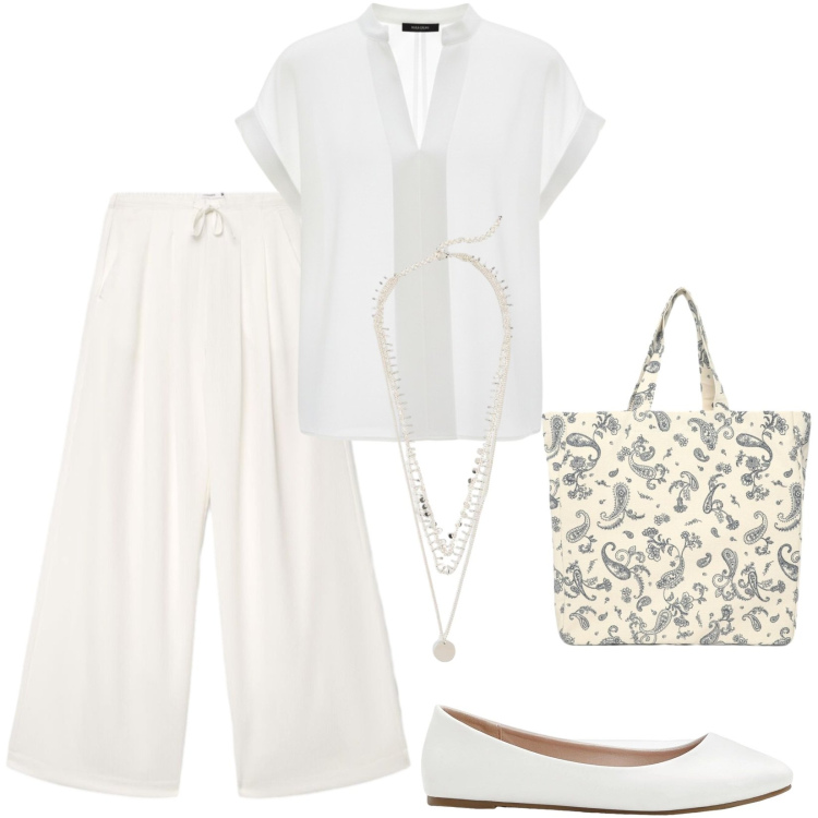 Outfit donna - Total look #2460024. Stile Minimal per Ufficio. Abbinamento con ballerine, collane, shopping bag, pantaloni, bluse.