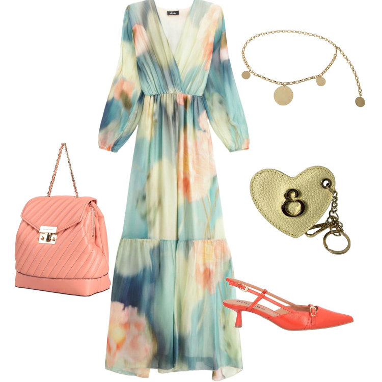 Outfit donna - Dolce e Romantica. Stile Chic per Serata fuori. Abbinamento con zaini, décolleté, vestiti lunghi, cinture, portachiavi.