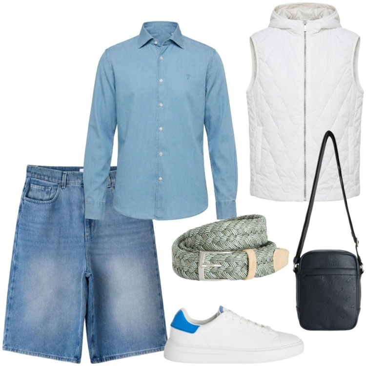 Outfit uomo - Total look #2460029. Stile Trendy per Tutti i giorni. Abbinamento con camicie, piumini, sneakers, borse sportive, cinture, pantaloni corti.