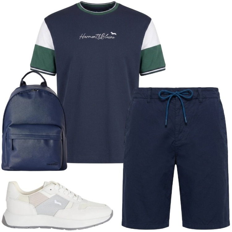 Outfit uomo - Tempo libero. Stile Casual per Tutti i giorni. Abbinamento con sneakers, bermuda, borse sportive, pantaloncini sportivi, t-shirt.