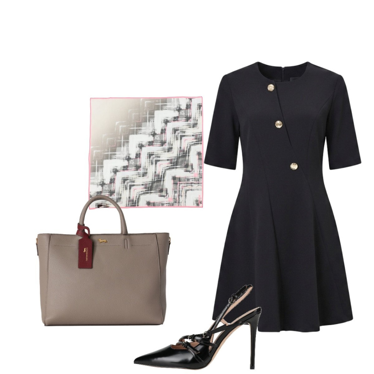 Outfit donna - Cerimonia intima. Stile Chic per Cerimonia. Abbinamento con sciarpe, décolleté, borse a mano, vestiti asimmetrici.