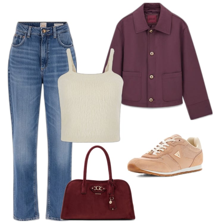 Outfit mujer - Urban. Estilo Casual para Todos los días. Combinación con top, sneakers, blazers, vaqueros mom, bolsos de mano.
