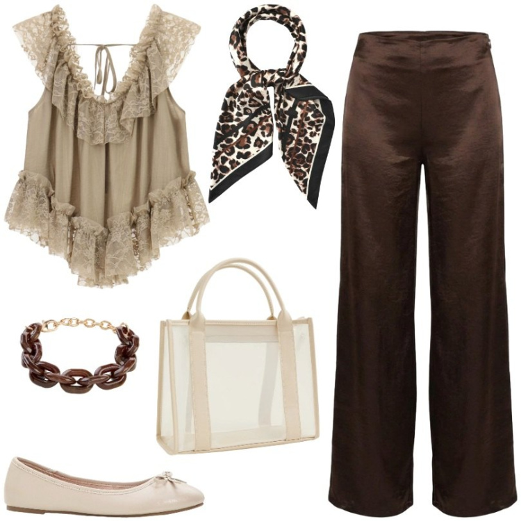 Outfit donna - Il foulard come bandana. Stile Trendy per Tutti i giorni. Abbinamento con ballerine, braccialetti, borse tote, foulard, top, pantaloni a palazzo.
