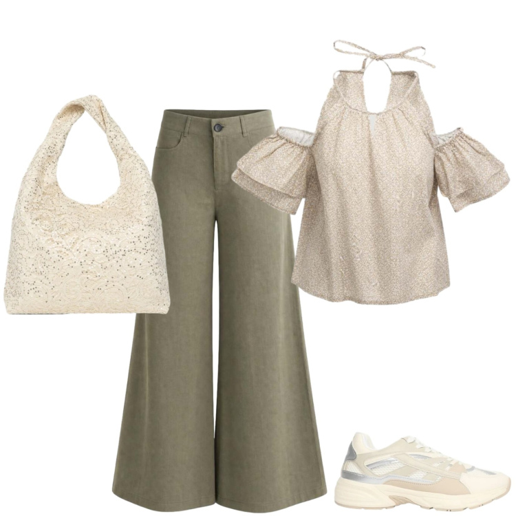 Outfit donna - Total look #2460046. Stile Casual per Tutti i giorni. Abbinamento con sneakers, borse a spalla, top, pantaloni a palazzo.