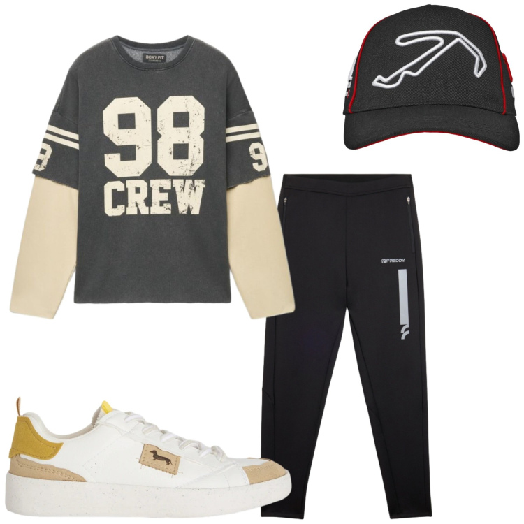 Outfit uomo - Total look #2460048. Stile Urban per Sport. Abbinamento con cappelli con visiera, felpe, sneakers, pantaloni.