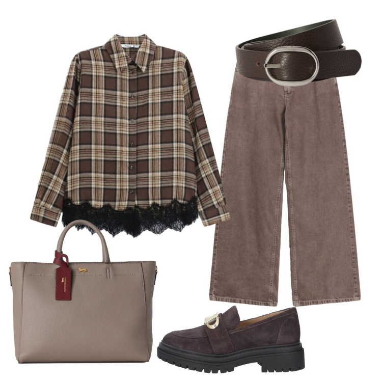 Outfit donna - Casual chic con un tocco romantico. Stile Casual chic per Tutti i giorni. Abbinamento con mocassini, cinture, borse a mano, camicie, jeans dritti.