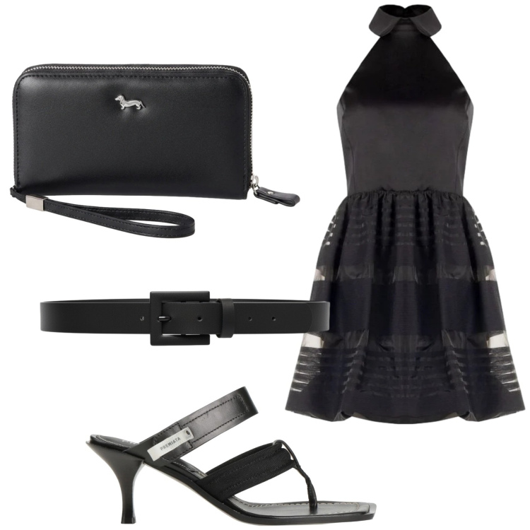 Outfit donna - Festa total black. Stile Glamour per Serata fuori. Abbinamento con ciabatte, portafogli, vestiti corti, cinture.