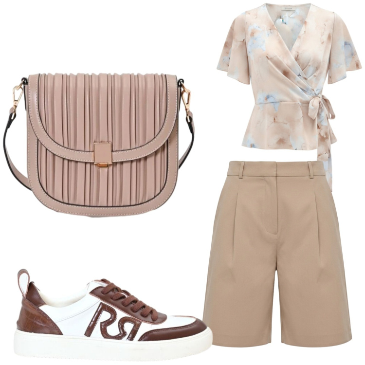 Outfit donna - Sporty - chic Rinascimento. Stile Casual per Tutti i giorni. Abbinamento con bluse, borse a tracolla, sneakers, bermuda.