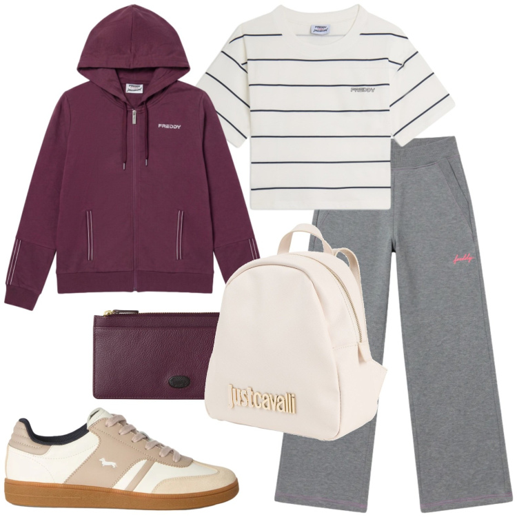 Outfit donna - Sporty. Stile Casual per Tutti i giorni. Abbinamento con zaini, sneakers, portafogli, pantaloni, felpe con cappuccio, t-shirt.