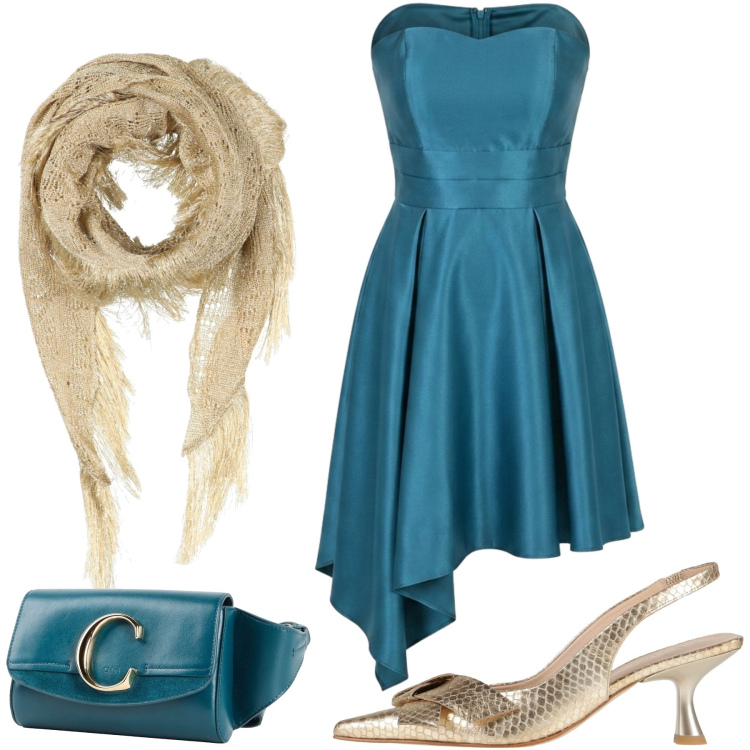 Outfit donna - Splendido ottanio. Stile Chic per Serata fuori. Abbinamento con marsupi, stole, décolleté, vestiti asimmetrici.