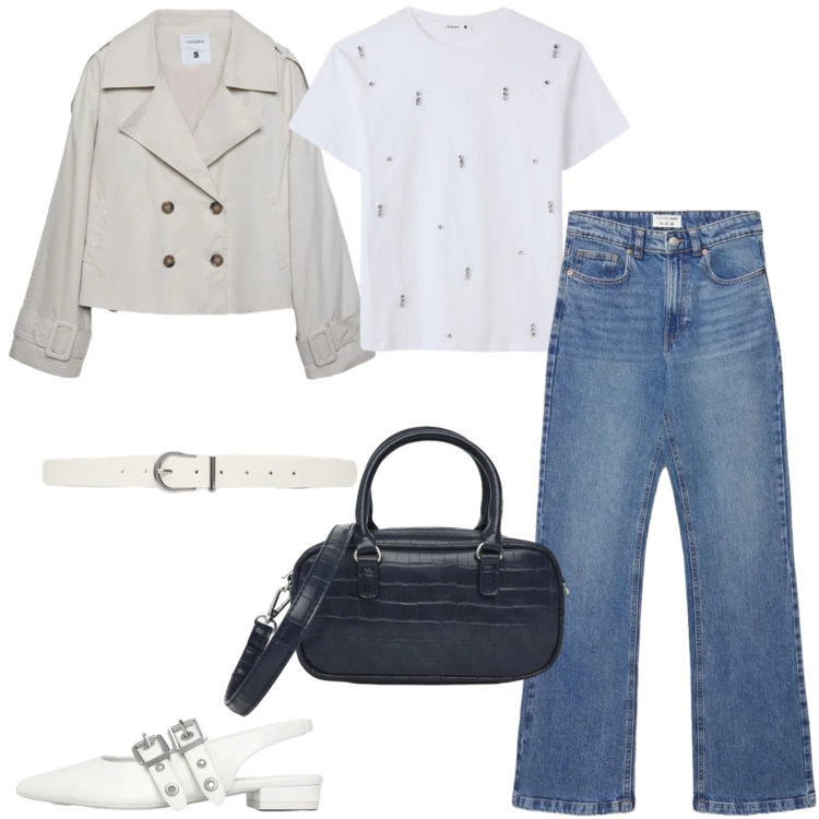 Outfit donna - Total look #2460083. Stile Urban per Tutti i giorni. Abbinamento con caban, t-shirt, jeans bootcut, ballerine, borse a tracolla, cinture.