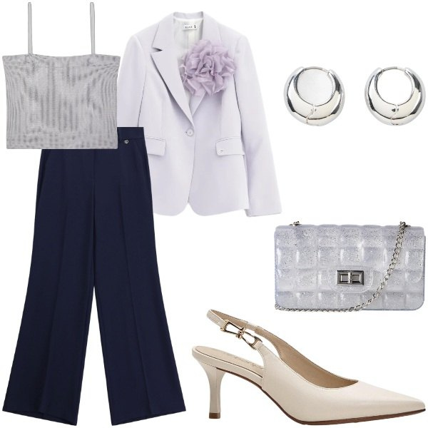 Outfit donna - Matrimonio in vista. Stile Chic per Cerimonia. Abbinamento con décolleté, orecchini, top, borse a tracolla, blazer, pantaloni a palazzo.