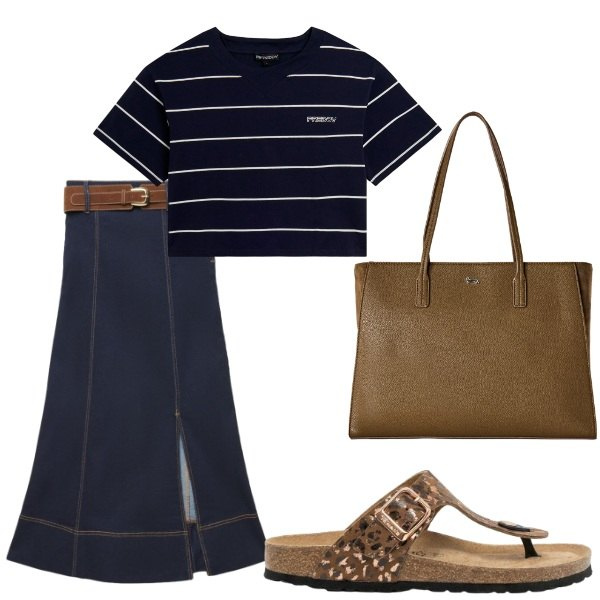 Outfit donna - Serate di fine estate. Stile Casual per Tutti i giorni. Abbinamento con infradito, shopping bag, gonne lunghe, t-shirt.