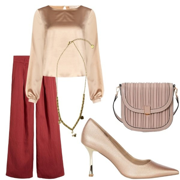 Outfit donna - A cena fuori. Stile Casual chic per Serata fuori. Abbinamento con pantaloni, bluse, borse a tracolla, décolleté, ciondoli.