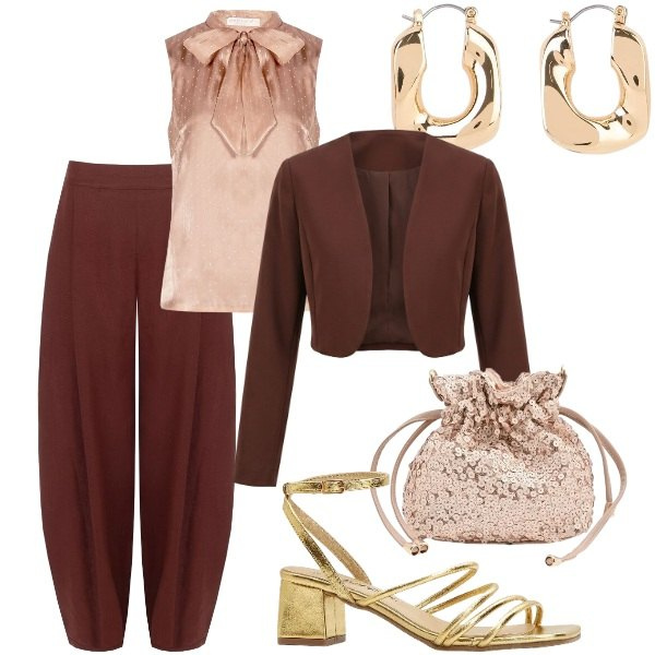 Outfit donna - Compleanno in villa. Stile Casual chic per Serata fuori. Abbinamento con sandali col tacco, orecchini, pantaloni, blazer, top, pochette.