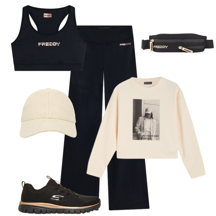 Outfit donna - Allenamento con stile. Stile Casual per Sport. Abbinamento con cappelli con visiera, pantaloni, felpe, borse sportive, top, sneakers.