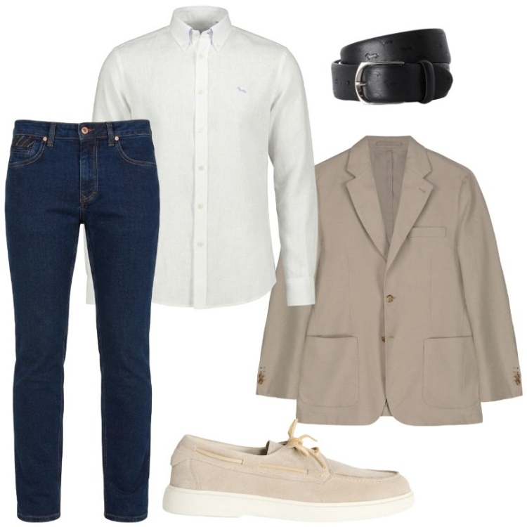Outfit uomo - Giacca elegante e jeans. Stile Business/Elegante per Ufficio. Abbinamento con scarpe stringate, camicie, cinture, jeans, giacche.