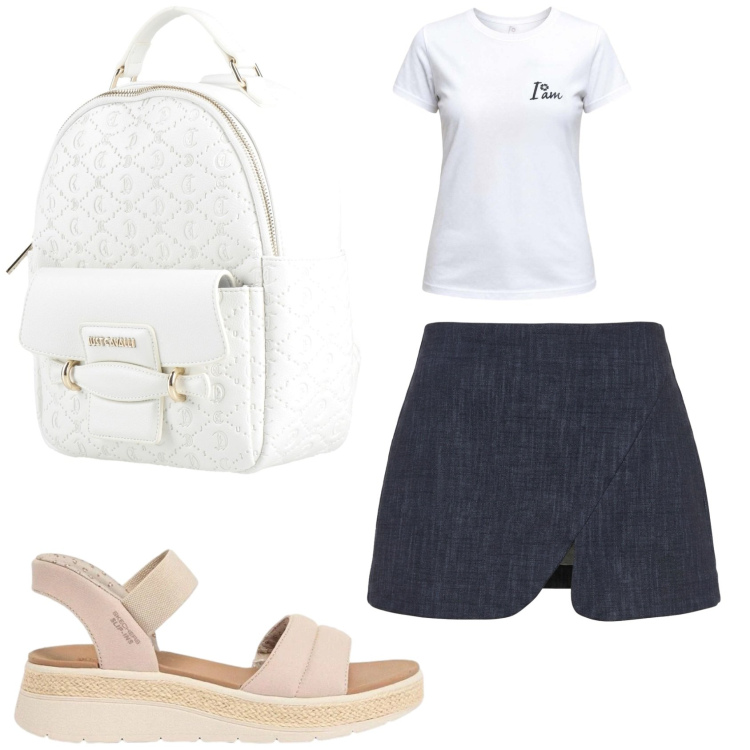 Outfit donna - T-shirt e minigonna. Stile Casual chic per Tutti i giorni. Abbinamento con zaini, sandali, t-shirt, minigonne.