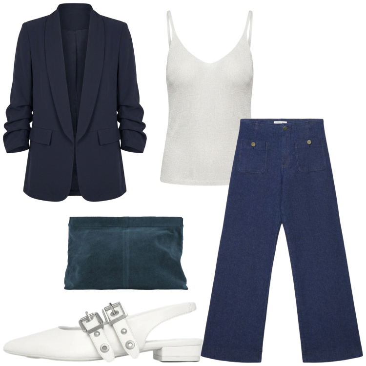 Outfit donna - Total look #2460102. Stile Casual chic per Ufficio. Abbinamento con pochette, jeans, ballerine, top, blazer.