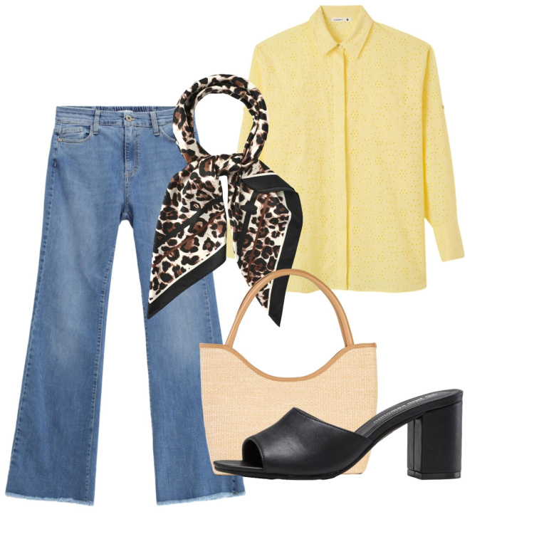 Outfit donna - Agosto. Stile Bon Ton per Ufficio. Abbinamento con shopping bag, sandali col tacco, camicie, foulard, jeans.