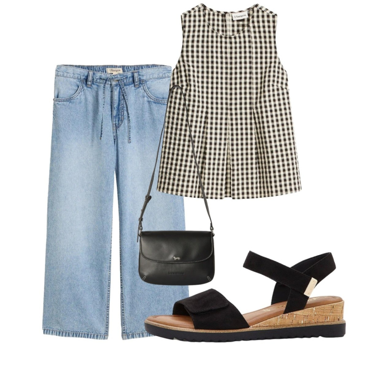 Outfit donna - Agosto. Stile Casual per Tutti i giorni. Abbinamento con sandali, jeans, canottiere, borse a tracolla.