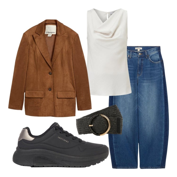 Outfit donna - Aspettando l’autunno. Stile Basic per Tutti i giorni. Abbinamento con blazer, jeans, sneakers, cinture, canottiere.