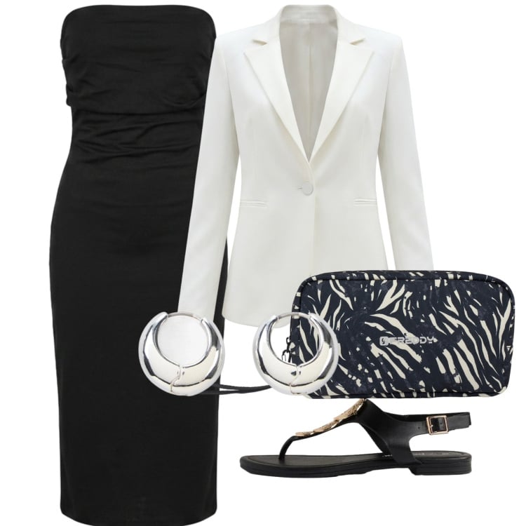 Outfit donna - Serata. Stile Chic per Serata fuori. Abbinamento con sandali, orecchini, valigie, blazer, vestiti midi/longuette.