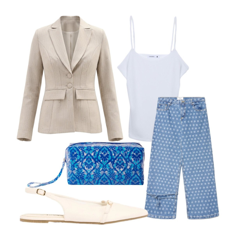 Outfit donna - Righe e pois. Stile Trendy per Ufficio. Abbinamento con ballerine, jeans dritti, valigie, canottiere, blazer.
