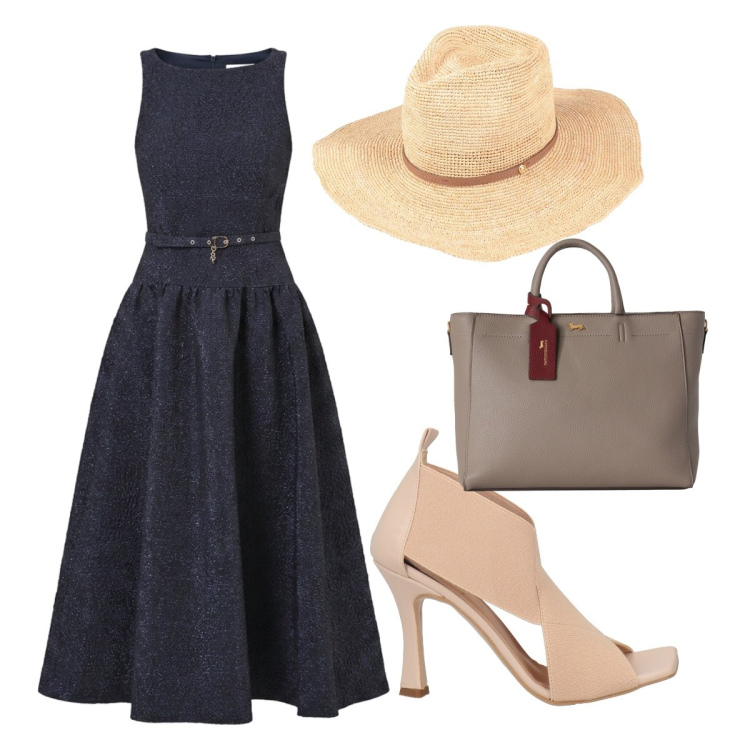Outfit donna - Sobria eleganza. Stile Bon Ton per Tutti i giorni. Abbinamento con sandali in pelle, cappelli, borse a mano, vestiti midi/longuette.