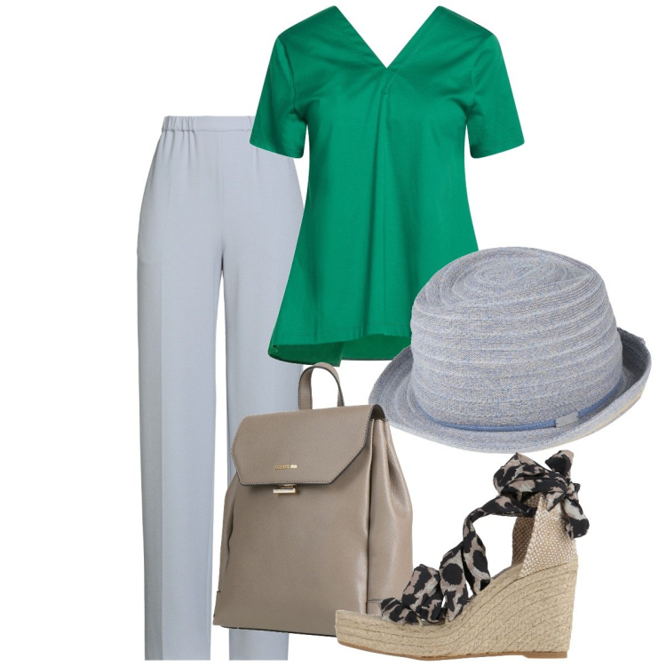 Outfit donna - Agosto. Stile Bon Ton per Tutti i giorni. Abbinamento con pantaloni, zaini, cappelli, espadrillas, t-shirt.