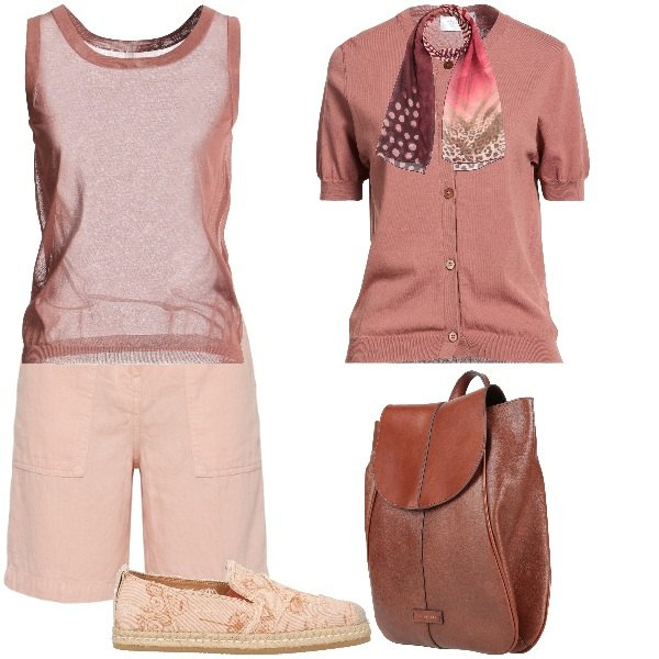 Outfit donna - Total look #2460122. Stile Casual chic per Serata fuori. Abbinamento con cardigans, espadrillas, sciarpe, zaini, top, bermuda.