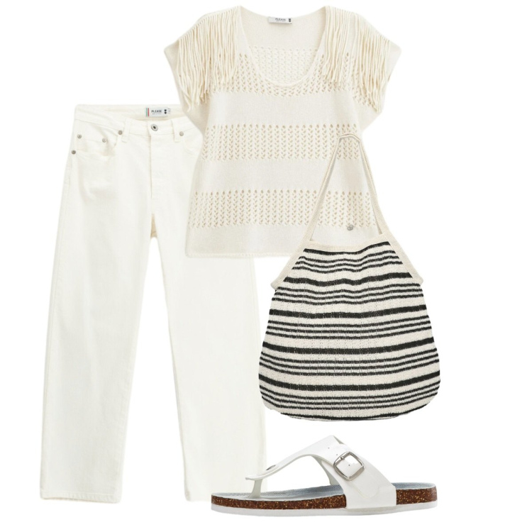 Outfit donna - Agosto. Stile Casual per Tutti i giorni. Abbinamento con infradito, shopping bag, top, pantaloni.