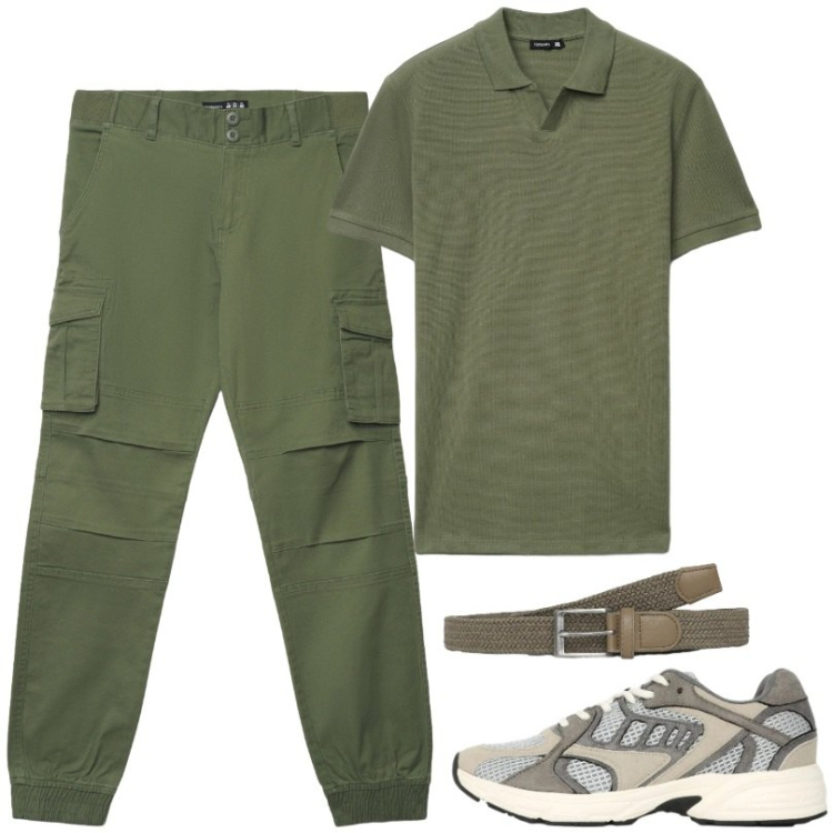 Outfit uomo - Pantaloni cargo e polo. Stile Urban per Tutti i giorni. Abbinamento con cinture, polo, pantaloni cargo, sneakers.