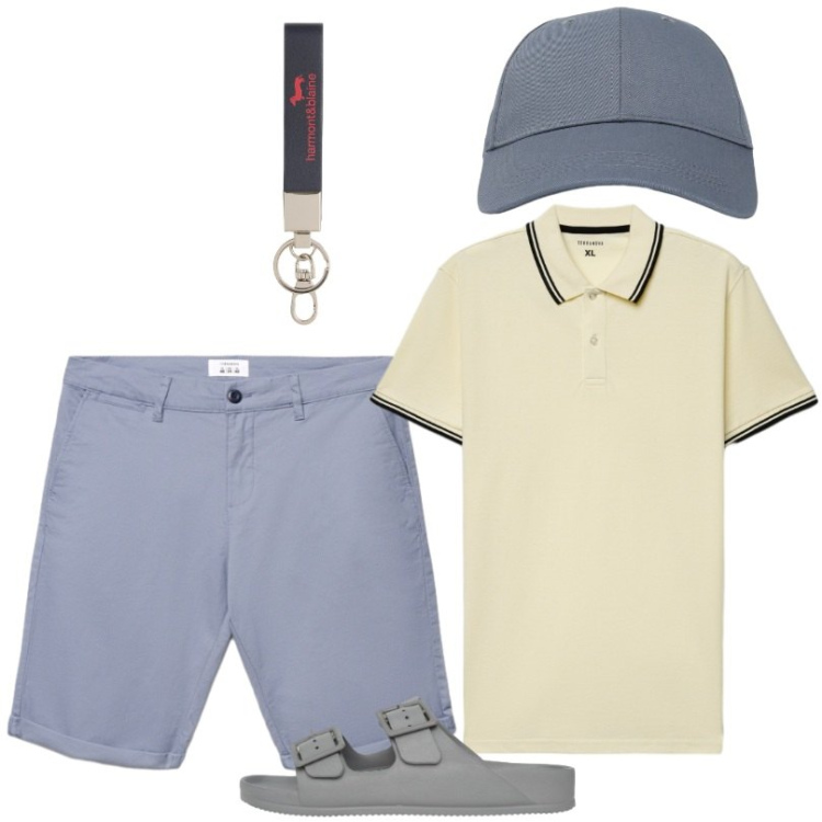 Outfit uomo - Total look #2460130. Stile Casual per Tutti i giorni. Abbinamento con portachiavi, cappelli con visiera, shorts, sandali, polo.